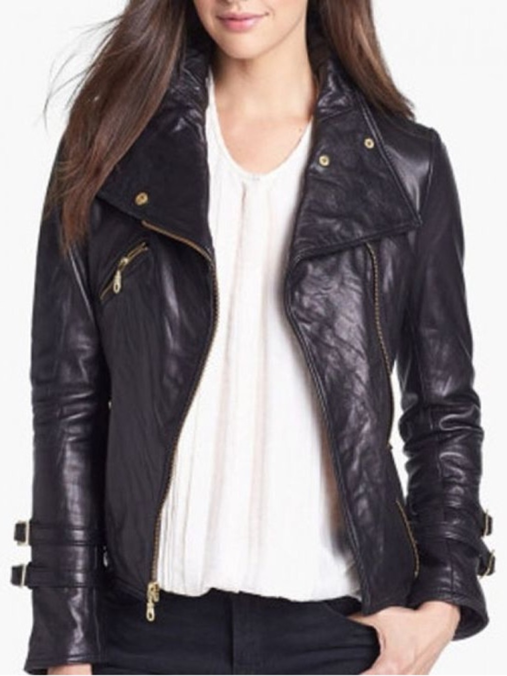 DKNY Lamb Leather Asymmetrical Zip Moto Jacket